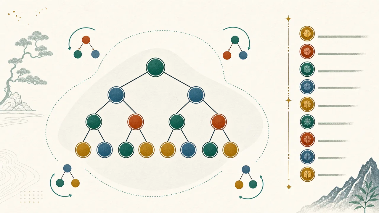 Illustrated balanced tree with rank tokens and rotation arrows