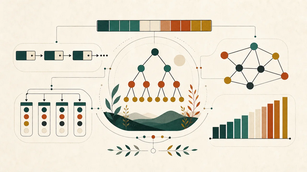 Illustrated arrays, linked lists, trees, graphs, hash buckets, and sorting bars