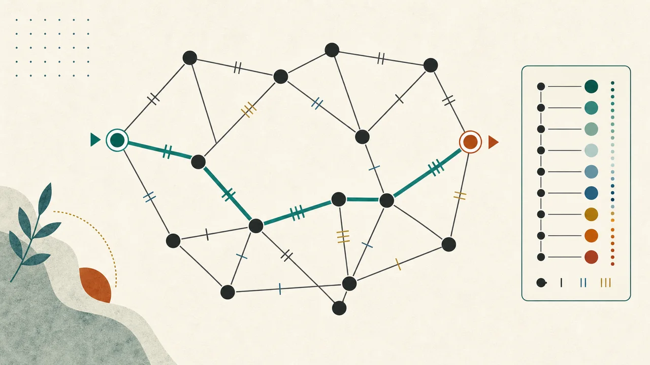 Illustrated node-link graph with a highlighted shortest path
