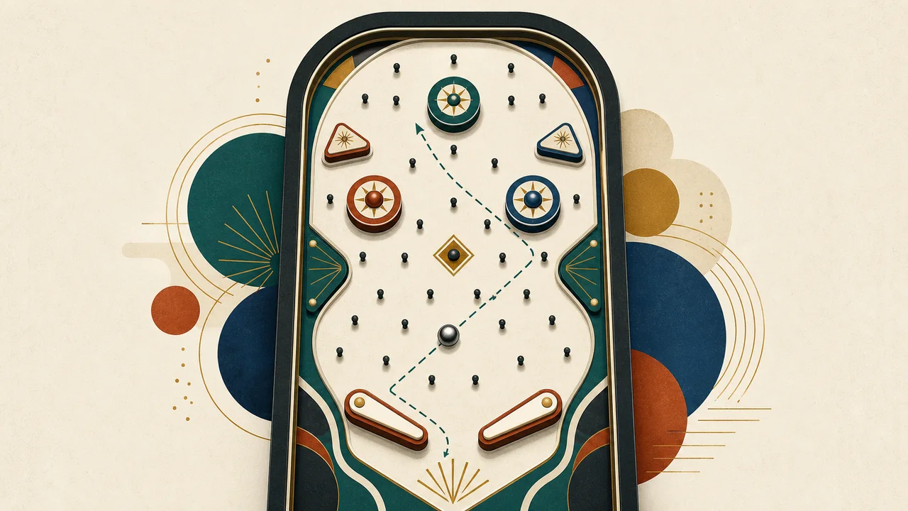 Illustrated pinball field with pegs and a ricochet path