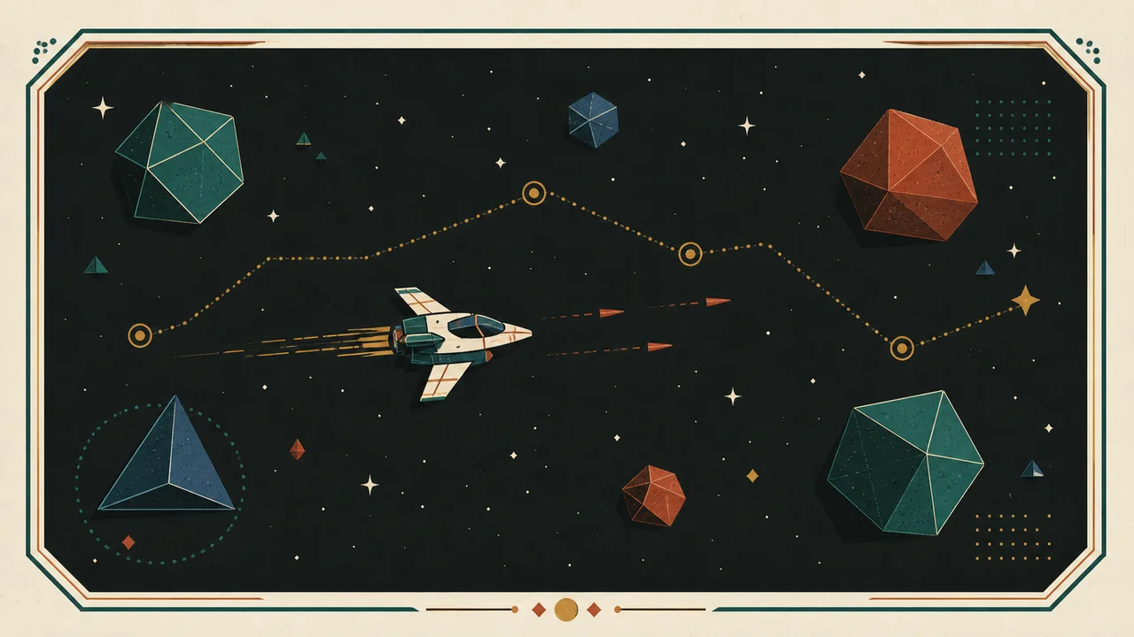 Illustrated spacecraft navigating geometric obstacles