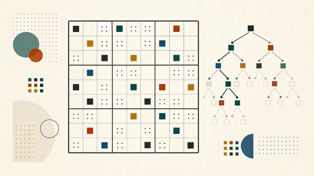 Illustrated Sudoku grid and constraint-search tree